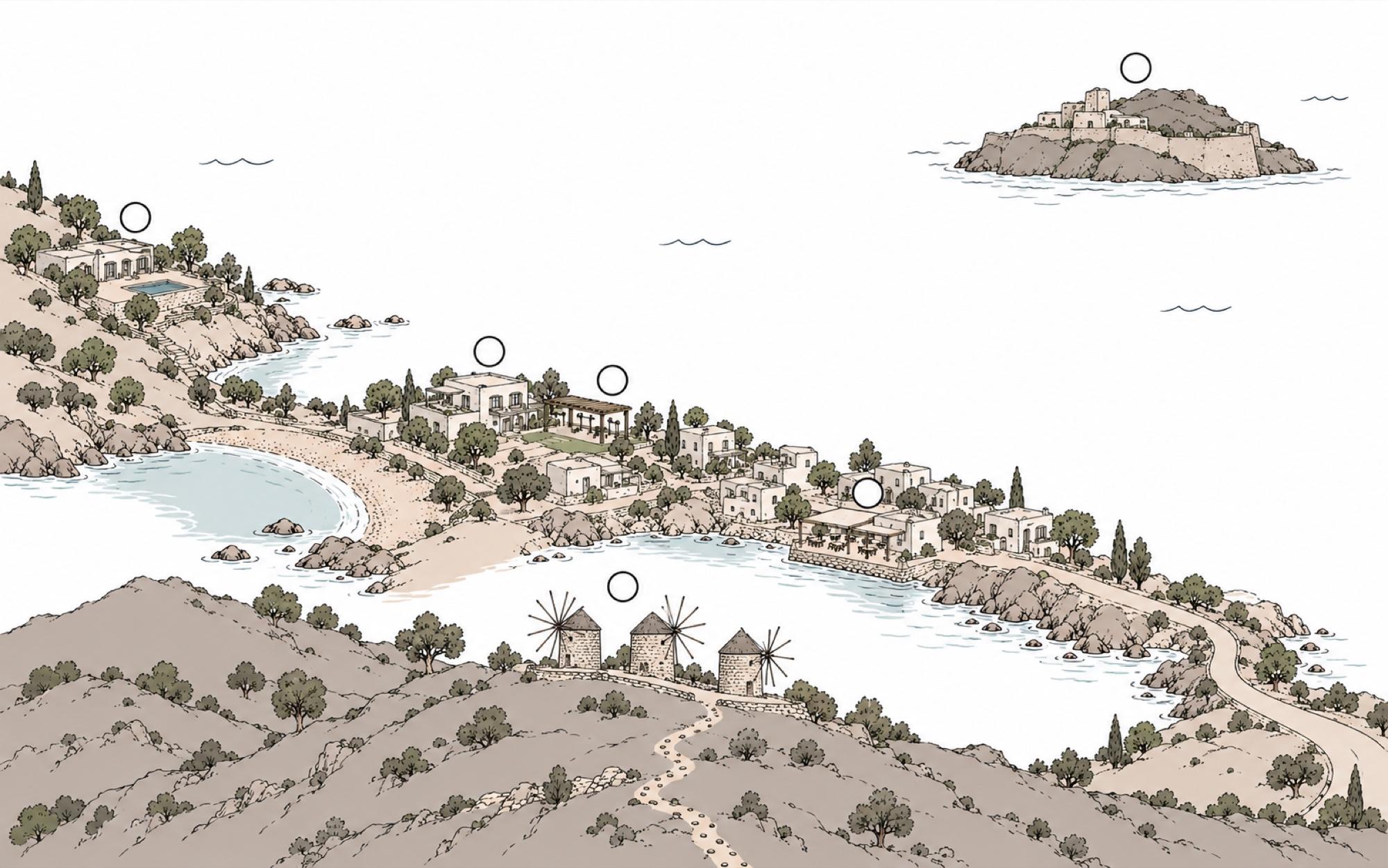 Sketch of Plaka bay: Spinalonga island across the water; Plaka beach, Fig Tree Villa and the open-air gym behind it; Epico on the waterfront; Spinalonga Villa on the rise north of the beach; the windmills on the hill behind.